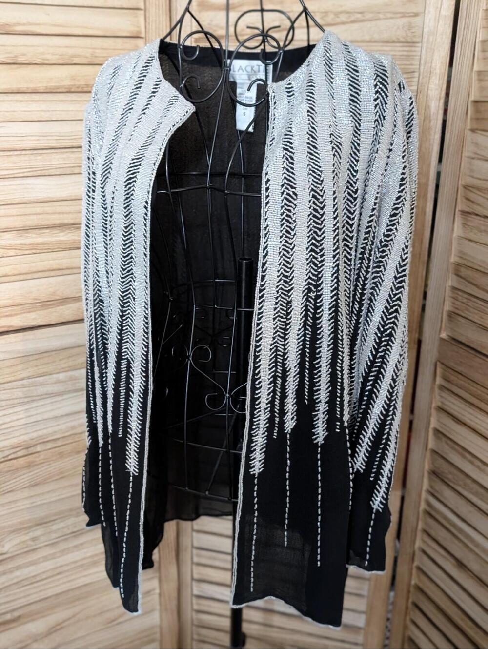 Vintage Black Tie Oleg Cassini Jacket Black White Silk Beaded Heavy Women Small